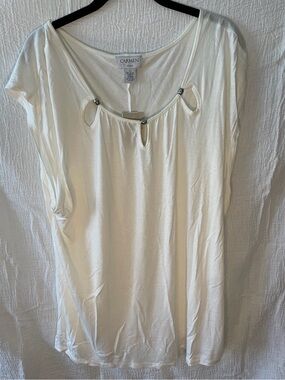 Carmen Marc Valvo Cream Scoop Neck Top with Keyhole & Bead Accents